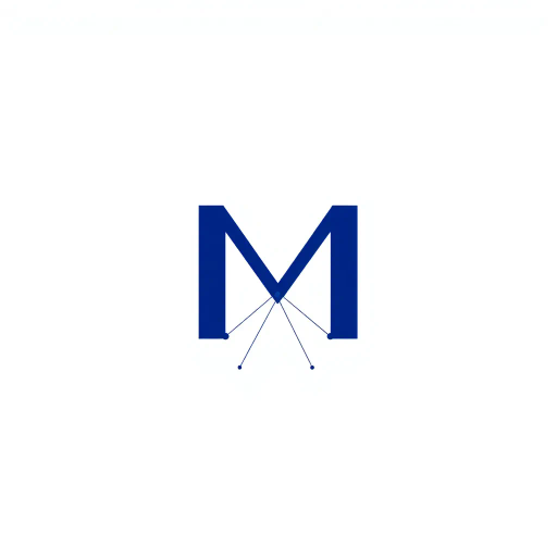 abstract letter M logo, parent node, child nodes, thin branching lines, tree hierarchy, indigo gradient, minimal vector design, white background, geometric abstraction, modernist influence, Bauhaus, clean lines, connection symbolism, hierarchical structure, conceptual design, negative space, visual balance, contemporary aesthetics