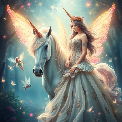 unicorn, ethereal fairies, regal princess, mystical realm, enchanting forest, delicate wings, shimmering stardust, vibrant colors, intricate patterns, magical ambiance, classic mythology, surreal wonderland, soft luminescence, baroque influence, opulent gowns, harmonious balance, dreamlike atmosphere, imaginative storytelling, timeless elegance, whimsical charm, sparkle and grace, enchanted twilight, mythical creatures, majestic unicorn, allegorical meaning, narrative depth, imaginative exploration, wondrous adventure, visionary artistry