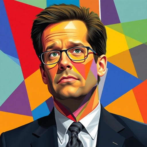 Michael Scott, The Office, sitcom character, geometric abstraction, vibrant colors, bold shapes, abstract expressionism, modernist influences, cubist elements, triangular patterns, corporate setting, humor infusion, abstract portrait, workplace dynamics, witty undertones, cultural icon, vibrant palette, layered composition, angular perspective, playful expression, converging lines, comedic symbolism, contemporary art, tonal contrasts, dynamic symmetry, office environment reimagined