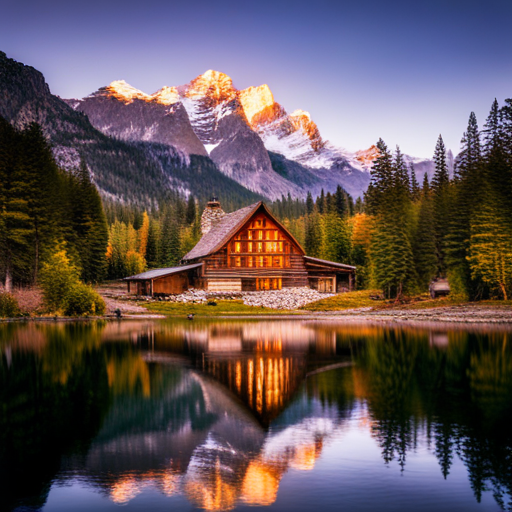 snow-covered mountain, cozy cabin, winter landscape, glowing fireplace, starry sky, snowy trees, soft lighting, rustic wood decor, mountain range, retreat, tranquility