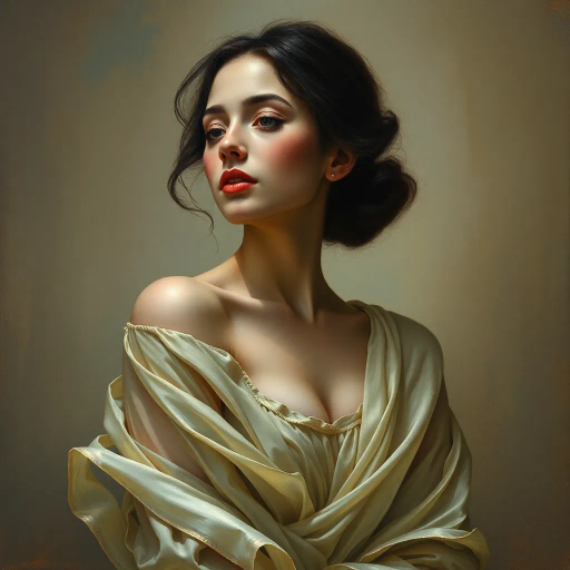 Renaissance, surrealism, ethereal elegance, chiaroscuro lighting, muted pastels, oil paint texture, Botticelli, Dali, delicate translucence, female form, elegance, dreamlike atmosphere, baroque curves, intimate portrait, flowing drapery, softness, timeless allure, serene expression, modern interpretation, cultural fusion, emotive gaze, gentle movement, classic composition, symbolic beauty, illuminated silhouette, harmonious balance, poised stance