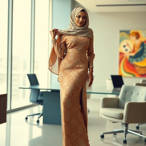 Arab woman, elegant hijab, professional setting, modern workplace, high heels, Middle Eastern culture, contemporary art, intricate patterns, vibrant colors, soft lighting, dynamic pose, cultural expression, delicate fabrics, office environment, confident demeanor, sophisticated fashion, grace and poise, diverse representation, cultural fusion, empowerment, modernism, Impressionism influences, human form, balance and harmony, Henri Matisse, modern elegance, intricate textile patterns, vibrant aesthetic, global influence, artistic expression, dignity and strength, atmospheric composition, elegant lines, harmonious palette, seamless integration, modern artistry