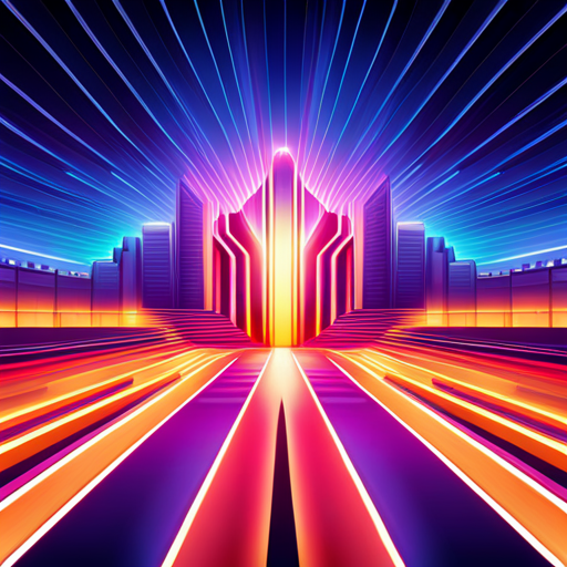 retrofuturism, abstract, vector, cyberpunk, technology, futuristic, neon, vaporwave, glitch art, geometric shapes, electric colors, synthwave, dark cityscapes