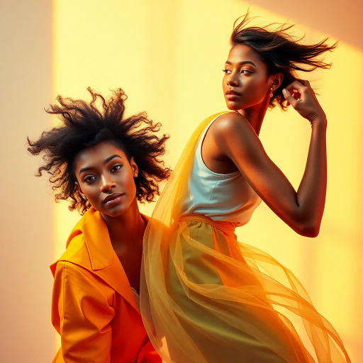 vibrant, youthful energy, ethereal beauty, dynamic composition, warm sunlight, contemporary art, bold contrasts, smooth textures, playful atmosphere, expressive forms, confident pose, colorful palette, innovative perspective, fluid motion, spirited essence, cultural diversity, striking presence, modern fashion influences, timeless elegance, radiant aura