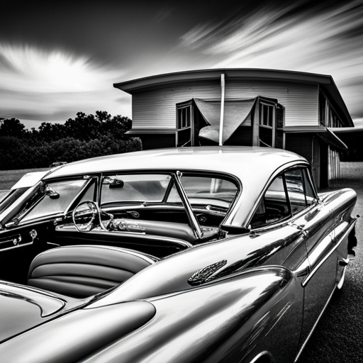 vintage, automobiles, nostalgia, 50's era, chrome, fins, Detroit, American muscle, classic lines, black and white, road trip, iconic, timeless design, retro, horsepower, tail lights, drive-in, shiny, sleek, car shows, collectors, restored, garage, speed, history, craftsmanship, mid-century modern design, monochromatic tones, glamorous Hollywood stars, Route 66