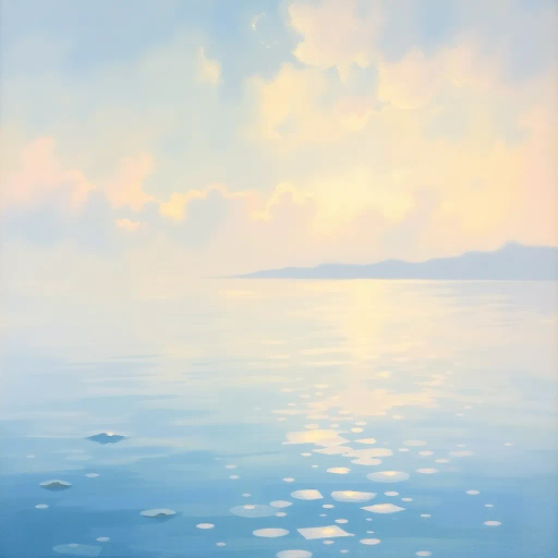 tranquil landscape, serene water, Claude Monet, impressionism, soft pastels, gentle reflections, morning mist, dappled sunlight, ethereal atmosphere, delicate brushstrokes, harmonious tones, peaceful horizon, serene composition, muted colors, soothing ambiance, natural balance, enchanted scenery, timeless elegance