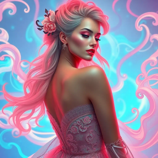 androgynous elegance, ethereal beauty, vibrant neons, whimsical charm, fluid lines, soft pastels, surreal dreamscape, rich textures, delicate features, graceful poise, mythological influence, gentle serenity, intricate patterns, airy flow, imaginative attire, transcendent aura, luminescent glow, dynamic movement, Rococo influence, Art Nouveau curves, cultural celebration, effervescent spirit, timeless elegance