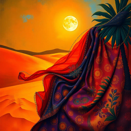 Arabian beauty, vibrant colors, flowing garments, intricate designs, warm lighting, exotic elegance, Henri Matisse influences, rich textures, cultural fusion, contemporary elements, radiant atmosphere, captivating gaze, dynamic movement, ornate patterns, harmonious balance, desert essence, vibrant allure, ethereal quality, sophisticated charm