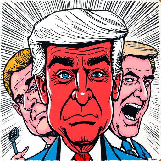 satirical caricature, exaggerated features, political symbolism, vibrant colors, pen-and-ink textures, Roy Lichtenstein influence, pop art era, humor-driven narrative, dynamic composition, bold outlines, American cultural elements, emotionally charged expressions, satirical tone, mid-20th century reference, iconic imagery, energetic line work, visual wit, comic strip aesthetics, subversive commentary, metaphorical elements, humorous distortion, graphic novel feel, societal critique, modern pop influence, bright contrasting hues, cultural satire, pulsating energy