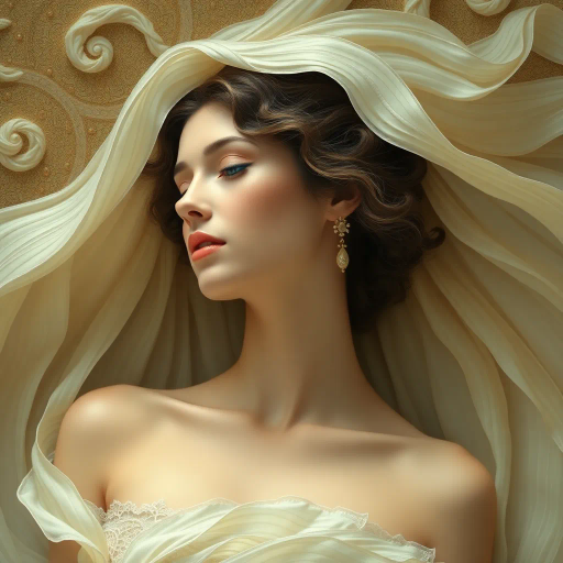 surreal, ethereal, timeless elegance, Gustav Klimt, Art Nouveau, flowing curves, soft lighting, pastel hues, Renaissance, delicate textures, elegant composition, dreamlike atmosphere, symbolic, feminine grace, chiaroscuro, intimate setting, sensuality, muted tones, baroque influences, detailed, emotional depth, harmonious balance, ornate embellishments, idyllic scene, captivating presence