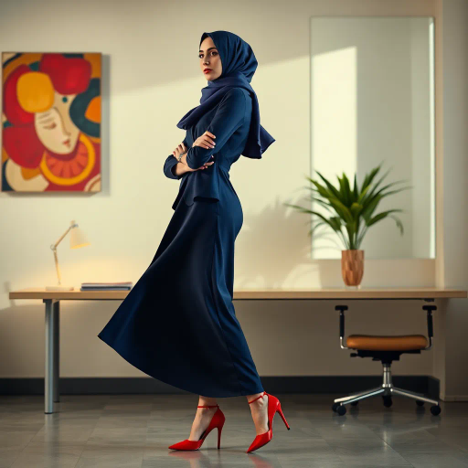 elegant Arab woman, professional attire, modern workplace, high heels, Middle Eastern influence, contemporary art style, intricate patterns, vibrant color palette, soft ambient lighting, cultural expression, dynamic posing, delicate textiles, confidence, empowerment, sophistication, grace, diverse cultural representation, cultural fusion, impressionism influences, human form depiction, balance and harmony, dynamic office environment, elegance, poise, detailed craftwork, modernism, cultural narrative, harmonious composition, vibrant textures