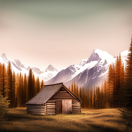 majestic, serene, landscape, peaceful, remote, solitude, cozy, rustic, wooden, cabin, mountains, nature, escape, retreat, tranquility, forest, trees, snow-capped, peaks, scenic enhance digital-art, photographic, artist names, impressionism, romanticism, Baroque, chiaroscuro lighting, rule of thirds composition, earth tones, soft and smooth textures, acrylic medium, brushstroke techniques, landscape subject matter, calm and contemplative mood, aerial perspective, flowing movement, cultural influences, large scale, natural materials, framed presentation, geometric shapes, bold and dynamic line quality, symbolism of nature, negative space, modern time period, high level of detail, Impressionist and Romantic artistic influences, capturing the essence of tranquility and serenity