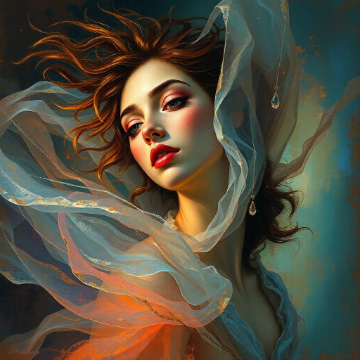 ethereal woman, renaissance lighting, dramatic contrasts, vibrant hues, delicate textures, impressionist influences, emotionally evocative, modern twist, surrealism undertones, dynamic composition, fluid movement, Baroque era inspiration, intricate details, fantastical elements, cultural richness, harmonious balance, mythical aura, expressive gesture, lively ambiance, magical realism, soft brushstrokes, timeless beauty