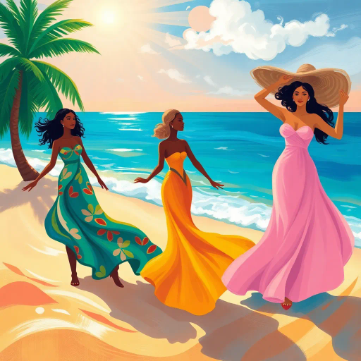 elegant figures, beach setting, vibrant colors, impressionistic style, inspired by Henri Matisse, flowing sands, tropical atmosphere, dynamic poses, radiant sunlight, azure waves, soft brush strokes, serenity, joy, cultural diversity, vibrant patterns, natural grace, warm hues, playful elegance, nuanced femininity, carefree spirit, summer ambiance, fluid lines, artistic freedom, idyllic scenery, radiant warmth, contemporary blend
