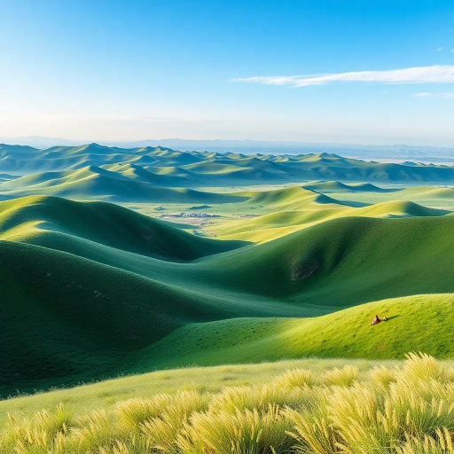 vast Xinjiang grasslands, dramatic rolling hills, lush greenery, expansive skies, Claude Monet, Impressionism, golden sunlight, atmospheric perspective, vivid hues, delicate textures, pastoral landscape, ethereal beauty, serene ambiance, endless horizon, fleeting clouds, harmonious colors, organic forms, enchanting panorama, gentle undulations, tranquil open spaces, rustic charm, idyllic scenery, poetic portrayal