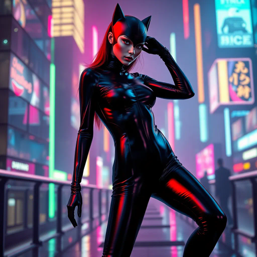 sleek catsuit design, high fashion, futuristic elements, vibrant neon lighting, dynamic pose, bold composition, metallic textures, sci-fi influence, Joan Miró inspiration, night cityscape, cyberpunk aesthetics, mysterious mood, playful elegance, abstract forms, intricate detailing, avant-garde style, fluid movements, bold color contrasts, surreal presentation, depth and layering, unconventional materials, reflections and shadows, elegant silhouette, imaginative realm, Salvador Dali, dreamlike atmosphere, geometric precision, fluid dynamics, visual storytelling, abstract surrealism, enigmatic expressions, ethereal glow, kaleidoscopic patterns, reflective surfaces, overlapping dimensions, contrasting hues, multidimensional perspective, spatial depth, imaginative narrative