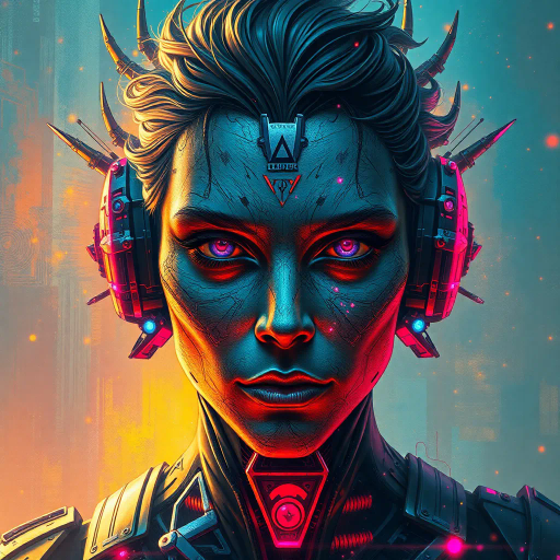 fantastical portrait, sci-fi elements, surrealism, intricate details, vibrant colors, dynamic lighting, futuristic setting, Jean Giraud inspiration, ethereal atmosphere, digital brushwork, hyper-realistic features, dramatic shadows, cyber enhancements, abstract background, emotional depth, reflective surfaces, asymmetrical composition, immersive scale, intricate textures, imaginative design, neon accents, symbolic representation