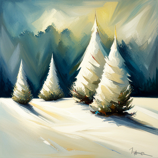 four Christmas tree, white background, textured canvas, oil painting, vintage analog-film