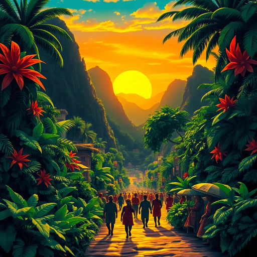 tropical paradise, vibrant rainforest, Rio Carnival, Brazilian culture, Jorge Selarón, Carmen Miranda, exuberant colors, lush vegetation, dynamic samba dancers, vivid patterns, Amazon River, exotic wildlife, modern architecture, indigenous art, celebratory mood, Afro-Brazilian heritage, vibrant street scenes, bold compositions, fluid movement, warmth and energy, sunlit landscapes, urban diversity, festive atmosphere, contemporary influences, chromatic brilliance