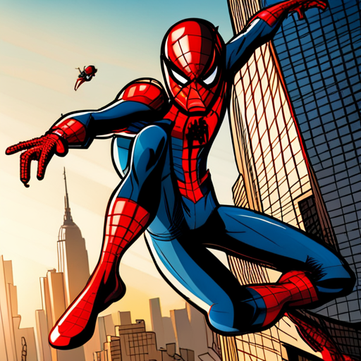 Spiderman, comic book, action, superhero, Marvel, web-slinging, New York City, skyscrapers, red and blue, dynamic poses, web shooters, agility, crime-fighting, mask, spandex suit, Peter Parker, web-swinging, high-flying, urban setting