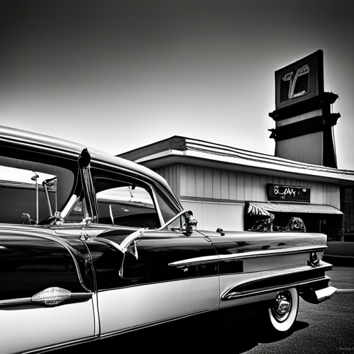 vintage automobiles, mid-century modern design, chrome accents, monochromatic tones, sleek lines, tailfins, American muscle, leather interiors, drive-in theaters, Route 66, glamorous Hollywood stars, black and white photographs, road trips, gas guzzlers, nostalgic nostalgia