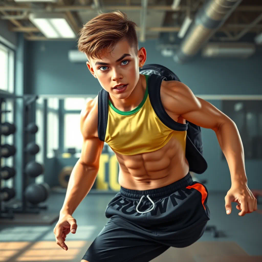 realism, youthful energy, dynamic movement, athleticism, contemporary fashion, vibrant colors, detailed anatomy, smooth textures, high contrast lighting, gym setting, vibrant energy, contemporary urban style, confident expression, modern athletic wear, expressive pose, youthful spirit, dynamic perspective, fitness and strength, energetic mood, contemporary culture influences