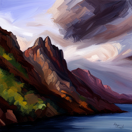 majestic peaks, rugged terrain, atmospheric perspective, muted colors, Impressionism, Hudson River School, light and shadow, texture, acrylic paint, naturalism, serenity, grandeur, scale, plein air, rocky outcroppings, dramatic sky, asymmetry, depth, soft brushstrokes, tranquility