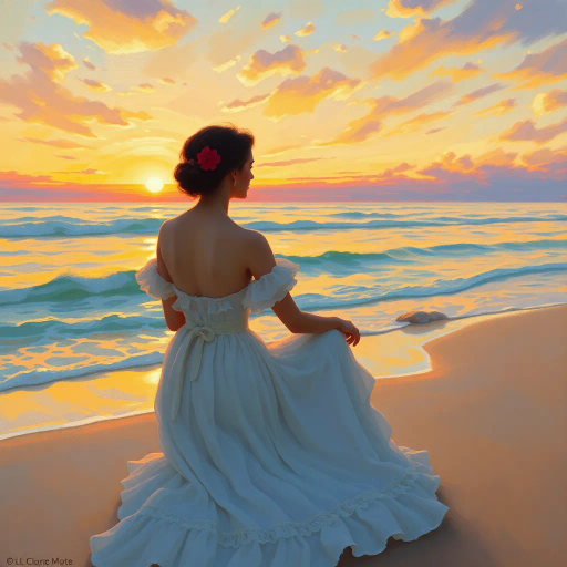 serene beach scene, ethereal light, vibrant sunrise, Claude Monet influence, gentle waves, Impressionism, warm color palette, soft brushstrokes, golden sands, timeless beauty, reflective water, gentle breeze, horizon line, tranquil mood, relaxed expression, flowing garments, intricate details, playful shadows, natural beauty, calm ocean, distant cliffs, artistry of nature, morning glow, sun-drenched, peaceful atmosphere, female figures, harmonious composition, visual poetry, artistic elegance, serene landscape, open sky, mood of contemplation, touch of mystery, dynamic forms, visual harmony