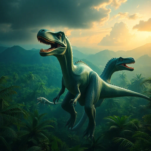 prehistoric creatures, majestic dinosaur, lush jungles, vivid emerald greens, dynamic poses, chiaroscuro lighting, mythical era, ethereal glow, intricate scales, surreal landscapes, movement and tension, timeless prehistoric panorama, Jules Verne influence, hyper-realistic textures, primordial ambiance, paleoart inspiration, vibrant life, dramatic skies, storytelling composition, atmospheric depth, earthy tones, grandeur and mysticism, visionary interpretation, fantasy-art, imaginative depiction, otherworldly fantasy, historical allure, depth of field, mythical storytelling, rich color palette, enchanting aura, epic scale, futuristic realism