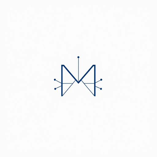 abstract letter M logo, parent node, child nodes, thin branching lines, tree hierarchy, indigo gradient, minimal vector design, white background, geometric abstraction, modernist influence, Bauhaus, clean lines, connection symbolism, hierarchical structure, conceptual design, negative space, visual balance, contemporary aesthetics