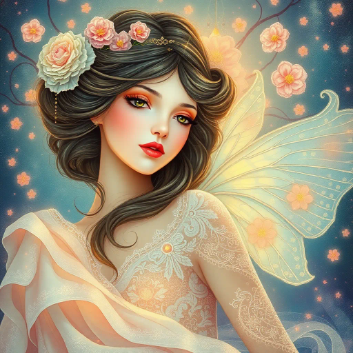 innocent young maiden, charming elegance, ethereal glow, inspired by Yoshitaka Amano, whimsical fantasy, serene ambiance, soft pastel hues, delicate brushwork, intricate lace textures, dreamlike scene, luminous lighting, gentle perspective, emotional warmth, magical atmosphere, fairy tale influences, graceful pose, art nouveau curves, enchanting forest backdrop, mythical creatures, serene expression