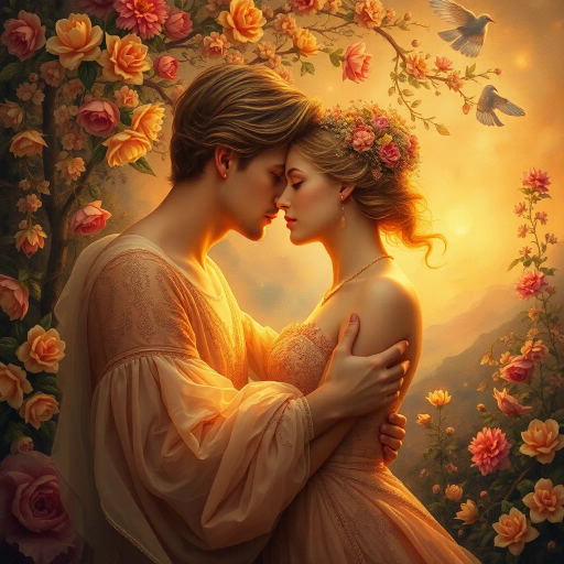 romantic, ethereal, celebration, love, intricate, grand, vibrant color palette, timeless, Renaissance, Edward Burne-Jones, emotional depth, elegant, detailed, enchanting atmosphere, golden hues, floral motifs, delicate textures, whimsical, lush landscapes, harmonious composition, art nouveau influences, delicate light, storytelling, dreamlike, passion, joyous, classical elements, celestial themes, intricate patterns, flowing forms, majestic setting, divine beauty, eternal bond, ceremonial elegance, fairy-tale, soft focus, luminous, opulent details