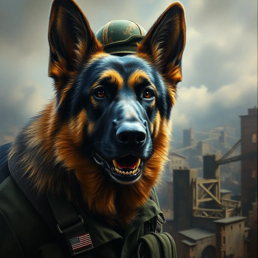 German shepherd, military theme, dynamic action, realistic textures, dramatic lighting, soldier in uniform, battlefield scenery, hyper-realistic fur detail, contrast, tension, Alex Ross, cinematic framing, bold composition, emotional intensity, movement, war-torn landscape, contemporary realism, powerful symbolism, strength, courage, protective stance, close-up perspective, muted color palette, storytelling elements, visual narrative, dramatic storytelling, atmospheric depth, lifelike precision, heightened realism, somber tones, heroic themes, adventurous spirit, intense drama, large-scale canvas, immersive perspective