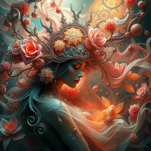 surreal fantasy, ethereal beauty, vibrant hues, mystic allure, sensual elegance, imaginative realm, intricate details, chiaroscuro lighting, romanticism, delicate textures, dreamlike ambiance, soft focus, fluid lines, evocative emotion, symbolic elements, otherworldly landscape, mythical elements, Baroque influences, lush aesthetics, enchanting aura