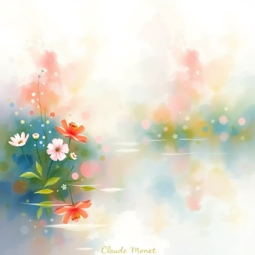 ethereal watercolors, Claude Monet, impressionism, soft pastels, fluid movement, dreamy haze, nature's serenity, garden landscapes, reflections in water, painterly brushstrokes, tranquil ambiance, translucent layers, diffused light, organic forms, vibrant blooms, delicate washes, plein air essence, contemplative mood, harmonious color palette, luminous glow, natural luminosity, artistic expression, timeless beauty, poetic atmosphere, seamless blend, surreal tranquility, rich textures, subtle contrasts, elegant balance, immersive experience, visual poetry
