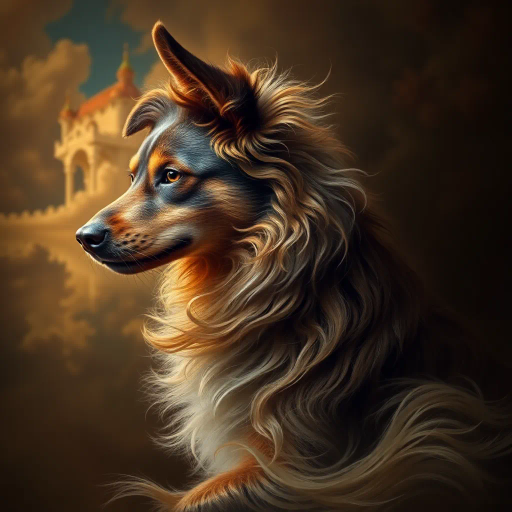 canine grace, baroque influence, chiaroscuro, warm tones, detailed fur, surreal dreamscape, vibrancy, emotive portrait, dynamic pose, atmospheric lighting, imaginative scene, intricate patterns, playful energy, noble expression, whimsical mood, neo-romanticism, contemporary twist, serene backdrop, Renaissance echoes, flowing motion