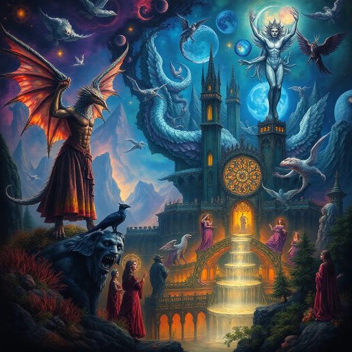 surreal dreamscape, Salvador Dalí influences, ethereal elements, vivid color palette, chiaroscuro lighting, abstract forms, swirling patterns, enigmatic symbolism, dreamlike mood, mythical creatures, imaginative landscapes, temporal distortion, transcendent ambiance, Baroque textures, dynamic movement, otherworldly perspective, cosmic themes, elaborate detail, Escher-esque geometry, fantastical composition