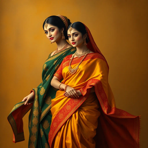 elegant women, traditional attire, saree, refined beauty, luxurious fabrics, intricate patterns, vibrant colors, Indian culture, classic elegance, sophisticated mood, graceful movement, artistic photography, soft lighting, cultural richness, detailed embroidery, timeless fashion, portrait composition, artistic realism, romantic ambiance, feminine grace, Ritu Kumar influence, intricate textures, regal presence, contemporary elegance, traditional influences