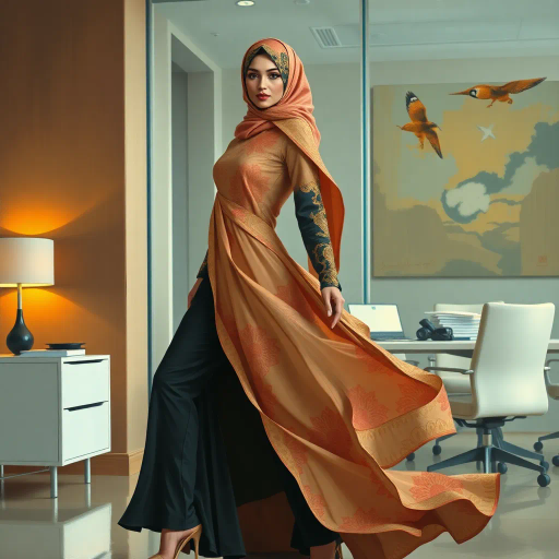 Arab woman, elegant hijab, professional setting, modern workplace, high heels, Middle Eastern culture, contemporary art, intricate patterns, vibrant colors, soft lighting, dynamic pose, cultural expression, delicate fabrics, office environment, confident demeanor, sophisticated fashion, grace and poise, diverse representation, cultural fusion, empowerment, modernism, Impressionism influences, human form, balance and harmony, Henri Matisse, modern elegance, intricate textile patterns, vibrant aesthetic, global influence, artistic expression, dignity and strength, atmospheric composition, elegant lines, harmonious palette, seamless integration, modern artistry