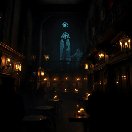 haunted tavern, eerie atmosphere, Gothic architecture, translucent specters, dim candlelight, John Atkinson Grimshaw influence, Victorian era, shadowy corners, spectral patrons, mystical glow, cobweb-laden rafters, misty ambiance, chiaroscuro contrasts, haunted past, ghostly whispers, weathered wood textures, melancholic mood, surreal distortions, evocative storytelling, vintage charm, chilling presence