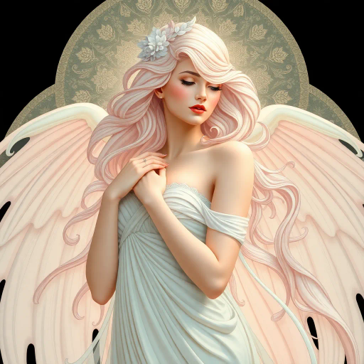 ethereal feminine figure, inspired by Alphonse Mucha, art nouveau elegance, flowing lines, gentle curves, pastel tones, soft lighting, delicate textures, serene expression, grace and poise, mythical allure, elegant composition, harmonious balance, captivating beauty, dreamlike ambiance, timeless elegance, detailed ornamentation, subtle symbolism, classical influences, refined artistry