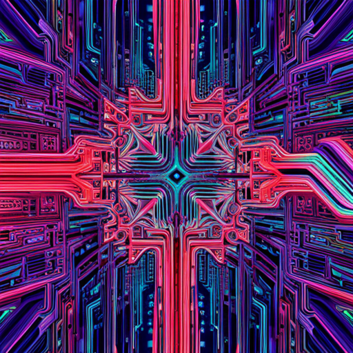 futuristic, artificial intelligence, data visualization, maximalism, neon colors, generative art, technology, complex patterns, glitch art, cyberpunk, machine learning, wires and circuits, abstract expressionism