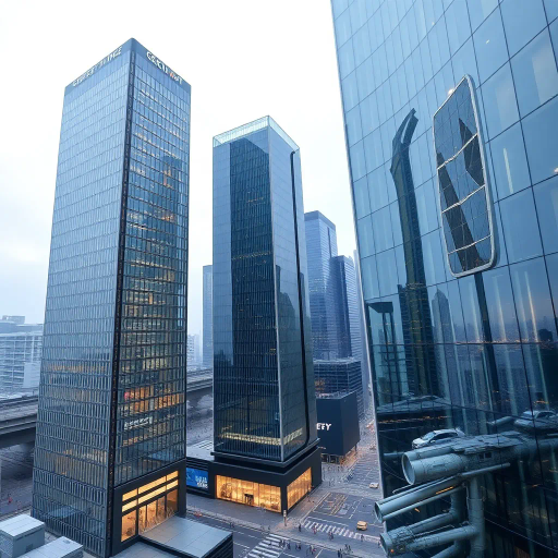 futuristic skyscrapers, modern aesthetics, precision geometry, sleek surfaces, corporate elegance, glass facades, bustling metropolis, high-tech ambiance, minimalist design, dynamic composition, cool color palette, ambient lighting, reflections, clean lines, urban inspiration, technological advancement, efficiency, structured frameworks, contemporary influence, power dynamics, progress and innovation, panoramic view, architectural mastery, metropolitan culture