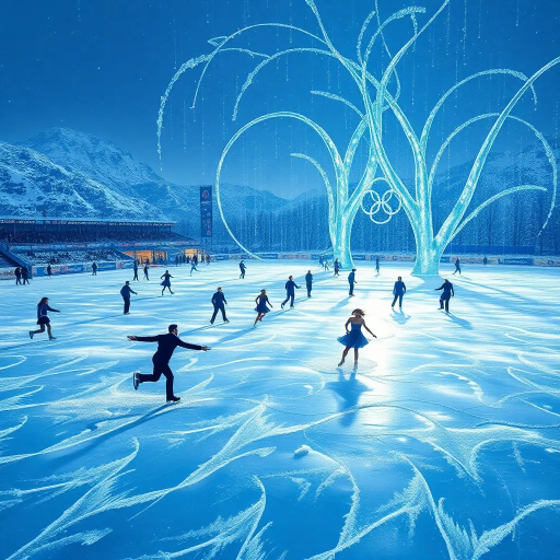 winter landscape, graceful skater, Olympic competition, dynamic motion, surreal elegance, glistening ice, dramatic lighting, vibrant colors, fluid movement, delicate balance, modern artistry, celebratory atmosphere, sportsmanship, international influence, precise technique, Alexander Calder inspiration, futuristic design, cold palette, geometric patterns, sweeping lines, epic scale, abstract realism, vivid textures, harmonious composition