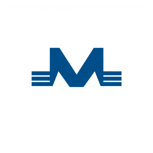 bold M logo mark, solid geometric letter, structured layers, subtle thin horizontal connector lines, indigo on white, modern minimal SaaS branding, flat vector, modernist simplicity, Bauhaus influence, clean design, minimalist aesthetics, structured composition, primary color palette, geometric precision, visual balance, negative space utilization, corporate identity, digital branding, contemporary design language, clarity in form