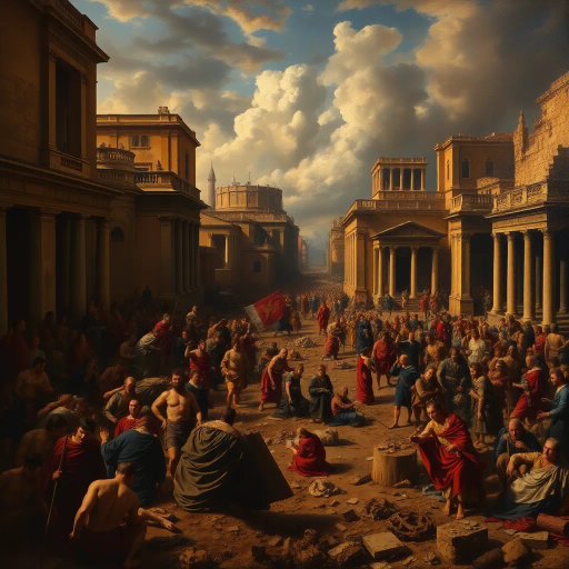 historical devastation, Alaric the Visigoth, ancient ruins, classical architecture, fiery inferno, chaos and turmoil, gothic shadows, sacking and looting, eternal city, Roman Empire, invasion, dramatic conflict, tumultuous skies, Rembrandt lighting, powerful emotions, ancient warfare, Caravaggio-inspired, chiaroscuro, symbolic destruction, fallen civilization, rich textures, monochromatic palette, intense drama, baroque influences, historical narrative, perspective of awe, melancholic atmosphere