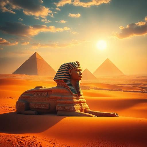 ancient Egypt, pharaoh, mystical, desert landscape, golden sands, pyramids in distance, hieroglyphics, intricate detail, vibrant hues, rich color palette, surreal lighting, magic, sphinx, sun-kissed stone, timeless, divine symbolism, echoes of history, mystical atmosphere, intricate patterns, divine geometry, cultural heritage, mythological essence, spiritual aura, timeless architecture, ancient civilization, ceremonial, ethereal glow, divine presence, artistic grandeur, desert mystique, historical reverence, legendary tales