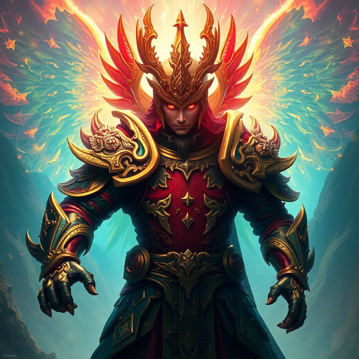 majestic warrior, intricate armor, vibrant colors, ethereal light, Baroque influence, dynamic pose, epic scale, mysterious aura, glowing eyes, mythical elements, storytelling, rich textures, detailed craftsmanship, fantastical landscape, intense gaze, surreal atmosphere, heroic stature, dramatic contrast, legendary figure, cultural symbolism