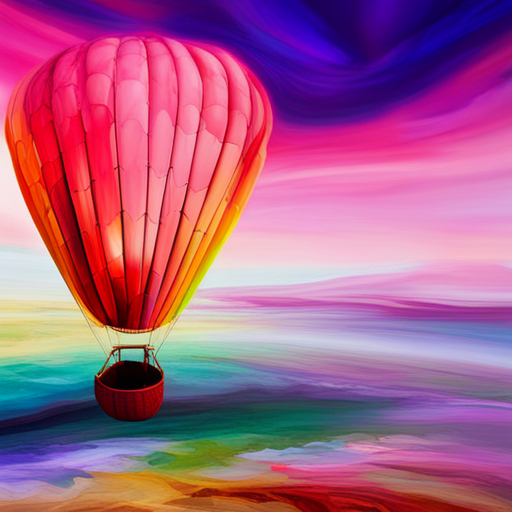 vibrant colors, large scale, dreamlike landscape, whimsical hot air balloon, surreal atmosphere, fantasy elements, imaginative composition, ethereal lighting, fantastical perspective, magical realism, floating sensation, colorful palette, otherworldly adventure