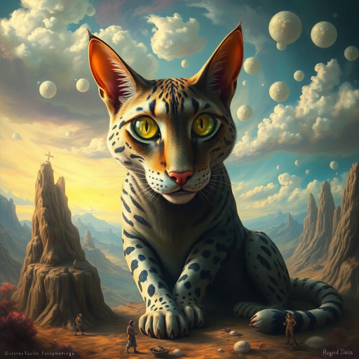 gigantic feline, surrealistic proportions, expressive eyes, magical realism, Salvador Dali influence, ethereal glow, whimsical setting, dreamlike landscape, vibrant colors, flowing textures, mystical and enigmatic, playful mood, dynamic pose, ornate detail, imaginative realm, mythical creature, fantastical aura, oversized features, otherworldly presence, expansive scale
